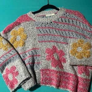 moon & madison Floral Knit Sweater - Gray, Pink, and Gold